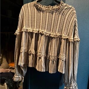 NEW Pilcro Black and Cream Striped Ruffle Blouse, never worn